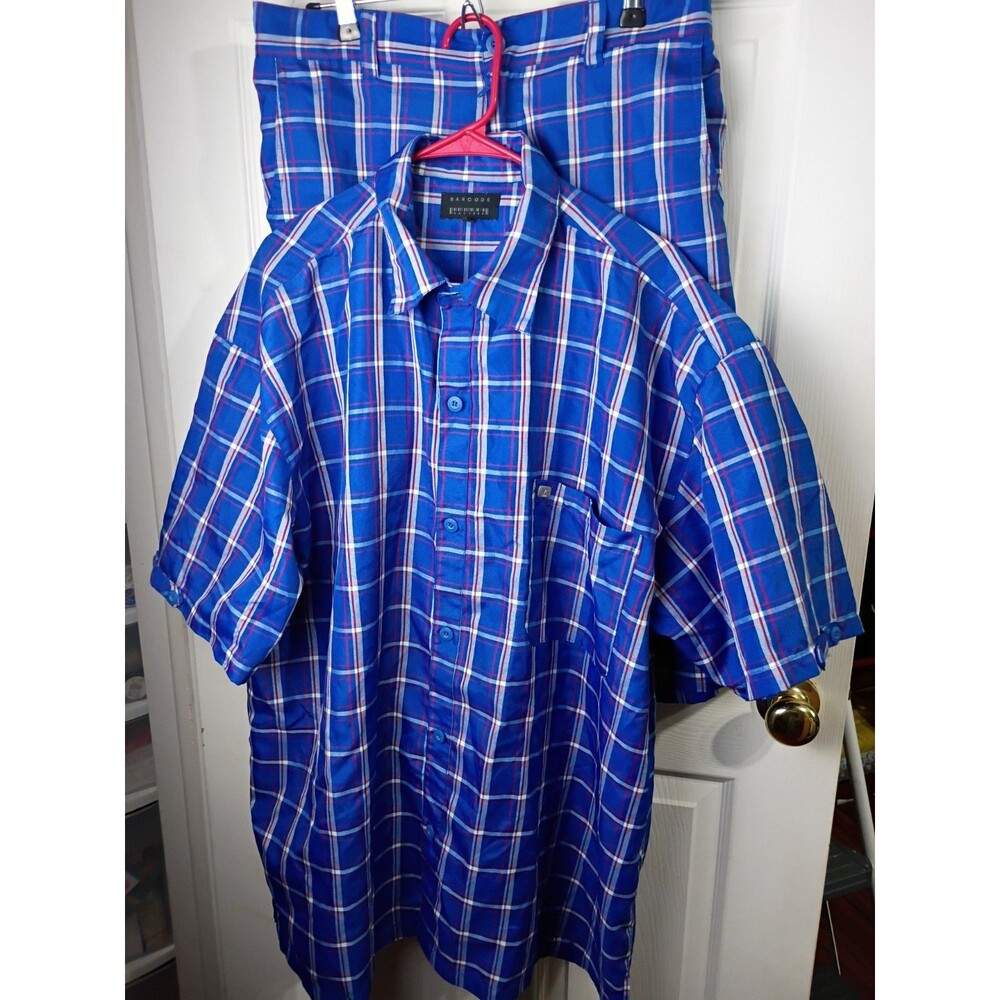 Barcode Men's 2XL SS Shirt Shorts Outfit l Glen Checked Blue/Red/White Button Up